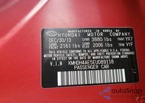 2014 Hyundai Elantra Se from USA, damaged, VIN KMHDH4AE5EU089118